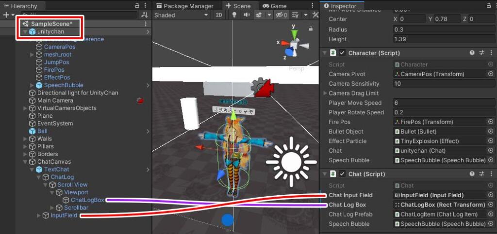 SampleScene.unityのオブジェクトの参照を示した図